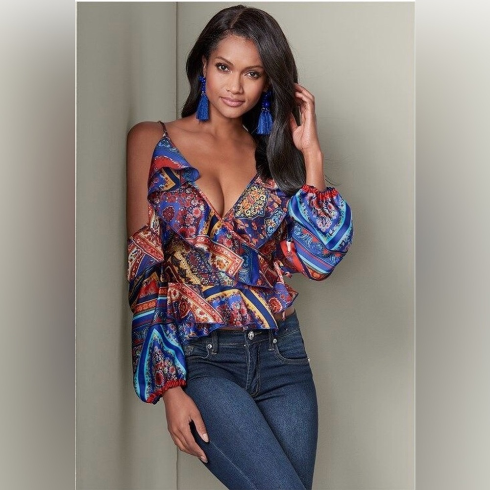 Venus Wrap Satin Blouse Print Cold Shoulder Peplum New Colorful Women’s Size 8 M - Picture 1 of 11